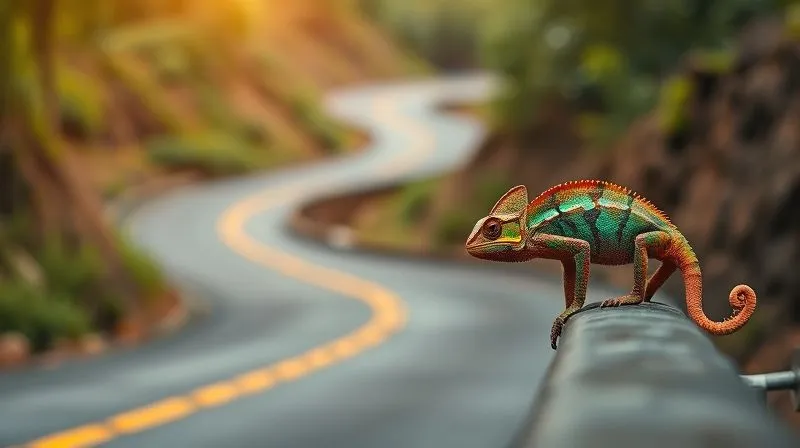 photorealistic, professional photography, 8K, cinematic lighting, sharp focus, depth of field, shot on a high-end DSLR. A vibrant, winding road symbolizing an evolving business path, with subtle digital overlays of data analytics and a chameleon subtly changing its colors to blend with the environment, representing agility and adaptation. The scene evokes continuous progress and strategic flexibility. photorealistic, professional photography, 8K, cinematic lighting, sharp focus, depth of field, shot on a high-end DSLR. A vibrant, winding road symbolizing an evolving business path, with subtle digital overlays of data analytics and a chameleon subtly changing its colors to blend with the environment, representing agility and adaptation. The scene evokes continuous progress and strategic flexibility.