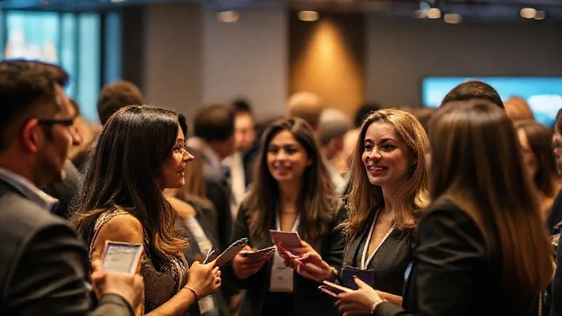 A diverse group of people networking at a professional event, exchanging business cards and engaging in animated conversation, warm cinematic lighting, sharp focus on their faces, depth of field blurring the background, photorealistic, professional photography, 8K, shot on a high-end DSLR.