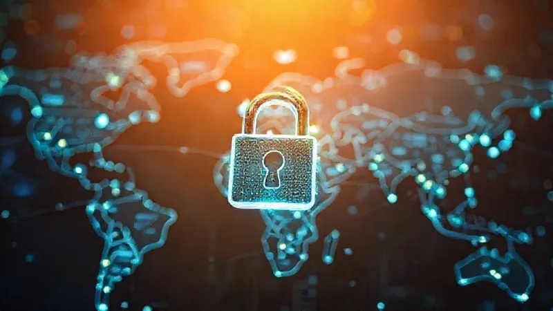 photorealistic, professional photography, 8K, cinematic lighting, sharp focus, depth of field, shot on a high-end DSLR, a digital padlock icon superimposed over a stylized world map, with glowing lines connecting different data centers, representing global data security and privacy, a sense of digital protection and interconnectedness, blue and green hues.