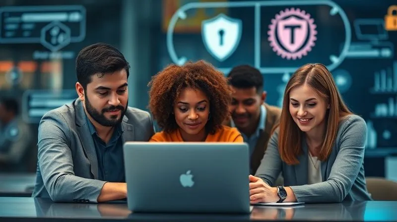 A photorealistic image of diverse remote team members securely collaborating on a digital interface, with subtle security icons (like a shield or padlock) integrated into the background, conveying trust and connection. Professional photography, 8K, cinematic lighting, sharp focus, depth of field, shot on a high-end DSLR. A photorealistic image of diverse remote team members securely collaborating on a digital interface, with subtle security icons (like a shield or padlock) integrated into the background, conveying trust and connection. Professional photography, 8K, cinematic lighting, sharp focus, depth of field, shot on a high-end DSLR.