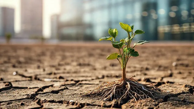 A photorealistic, professional photography, 8K, cinematic lighting, sharp focus, depth of field. Image of a wilting, parched plant struggling to grow in cracked, dry soil, with faint corporate office buildings in the blurred background. The plant's roots are exposed and brittle, symbolizing deep-seated organizational issues.