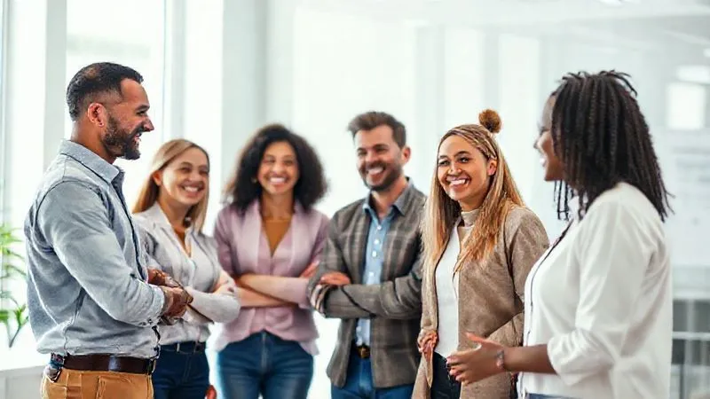 A photorealistic, professional photography, 8K, cinematic lighting, sharp focus, depth of field. Image of diverse team members in a brightly lit, modern office space, gathered around a whiteboard, actively collaborating and smiling. One person is confidently presenting an idea, while others are listening intently and offering constructive input. There's a palpable sense of trust and openness in their body language.