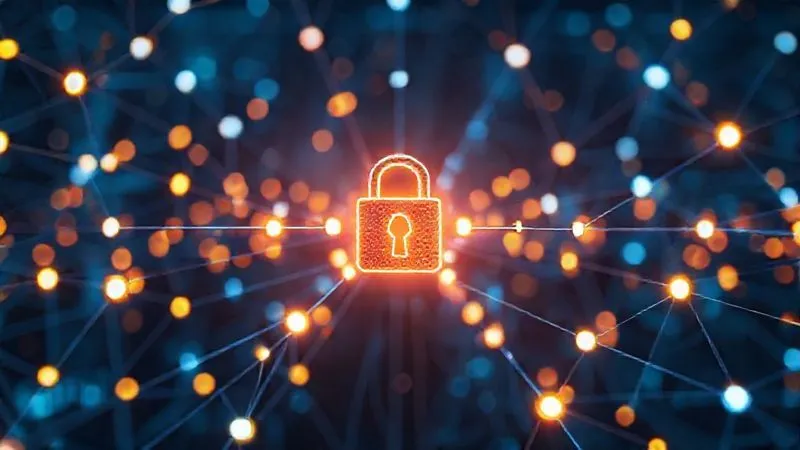 A photorealistic image of a complex digital security network, with glowing nodes representing data points and secure connections, a padlock icon prominently displayed in the center. Cinematic lighting, sharp focus, depth of field, 8K hyper-detailed, professional photography.