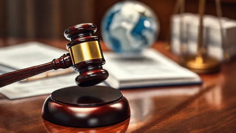 A photorealistic image of a legal gavel striking a sound block on a polished wooden desk, with blurred legal documents and a globe in the background, symbolizing international law. Cinematic lighting, sharp focus on the gavel, depth of field, 8K hyper-detailed, professional photography.