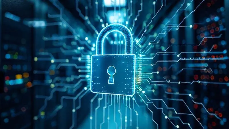 photorealistic, professional photography, 8K, cinematic lighting, sharp focus, depth of field, shot on a high-end DSLR. A close-up of a digital padlock icon superimposed over a complex network of glowing data streams, symbolizing immediate digital security measures and data lockdown. The background is a blurry server room, conveying urgency and technological protection.