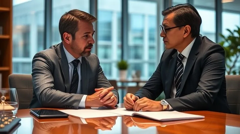 A photorealistic, professional photography, 8K, cinematic lighting, sharp focus, depth of field, shot on a high-end DSLR, image of a business person in a modern, well-lit office, engaged in a serious, confidential discussion with a legal professional. There are legal documents on the table, and the expressions convey thoughtful consultation and expert advice being given. The focus is on their interaction. A photorealistic, professional photography, 8K, cinematic lighting, sharp focus, depth of field, shot on a high-end DSLR, image of a business person in a modern, well-lit office, engaged in a serious, confidential discussion with a legal professional. There are legal documents on the table, and the expressions convey thoughtful consultation and expert advice being given. The focus is on their interaction.