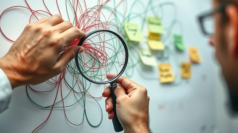A photorealistic image of a project manager intently examining a complex, tangled web of red and green threads on a whiteboard, with a magnifying glass held over a particularly knotted section. The threads lead to various sticky notes labeled 'Scope Creep', 'Resource Shortage', 'Communication Gap', 'Unrealistic Deadline'. Cinematic lighting, sharp focus on the hands and whiteboard, depth of field blurring the background, 8K hyper-detailed.