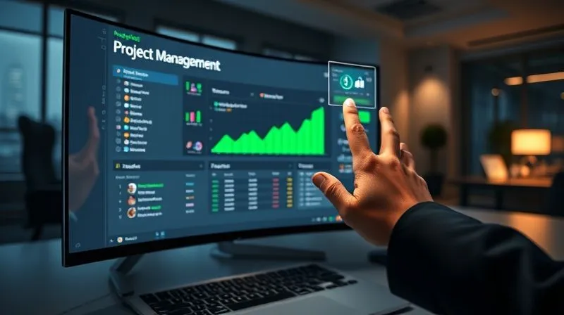 A photorealistic image of a sleek, modern project management dashboard displayed on a large, curved monitor in a dimly lit, professional office. The dashboard is vibrant with green progress bars, real-time data visualizations, and clear task assignments, indicating efficient workflow. A focused, professional hand is gently interacting with a holographic interface above the keyboard. Cinematic lighting, sharp focus on the screen and hand, depth of field blurring the background, 8K hyper-detailed.