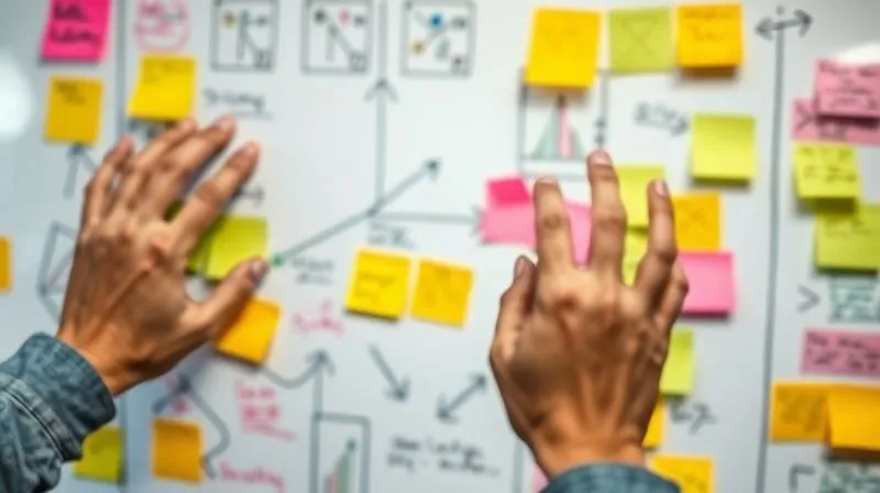 A photorealistic image of a whiteboard covered in colorful sticky notes, arrows, and diagrams, representing an iterative design and experimentation process. Hands are visible in the foreground, placing new notes and moving existing ones, conveying dynamic collaboration and rapid iteration. Professional photography, 8K, cinematic lighting, sharp focus on the whiteboard, depth of field blurring the background, shot on a high-end DSLR, evoking creativity and problem-solving.