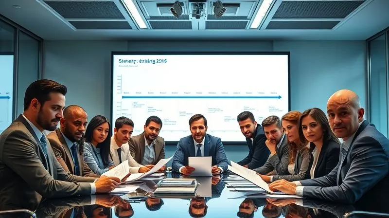 A diverse, serious-looking corporate team in a modern conference room, intensely focused on documents and a large screen displaying a timeline, with a sense of urgency. Photorealistic, professional photography, 8K, cinematic lighting, sharp focus, depth of field, shot on a high-end DSLR.