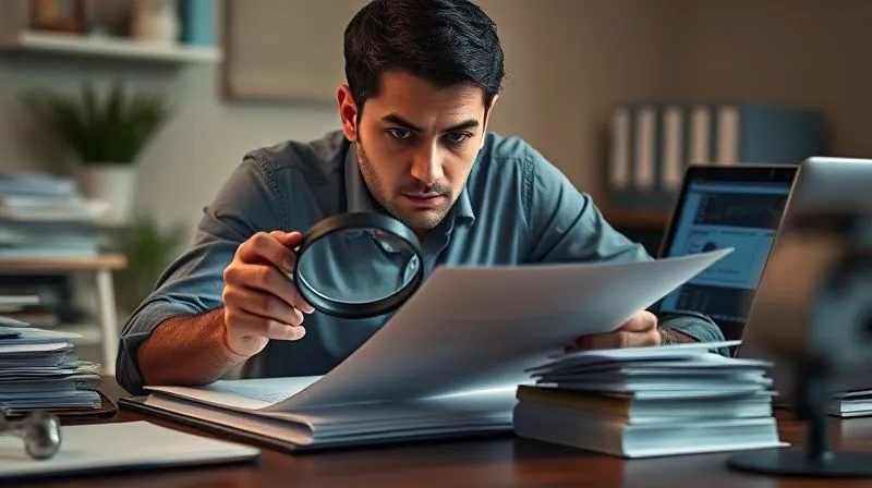 A person meticulously examining legal documents on a desk, with a magnifying glass and a serious expression, surrounded by stacks of files and a laptop displaying data. The setting is a professional, softly lit office, conveying diligence and thoroughness. Photorealistic, professional photography, 8K, cinematic lighting, sharp focus, depth of field, shot on a high-end DSLR.