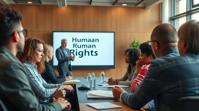 A diverse group of employees engaged in a professional training session on human rights, with a facilitator presenting on a screen. The atmosphere is collaborative and serious, with individuals taking notes and participating. Photorealistic, professional photography, 8K, cinematic lighting, sharp focus, depth of field, shot on a high-end DSLR.
