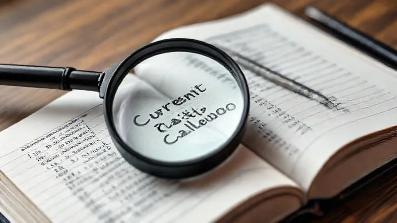 A photorealistic image of an open ledger book with a magnifying glass hovering over a line item showing 'Current Ratio Calculation'. The page has handwritten financial figures and formulas, with a pen resting beside it. Professional photography, 8K, cinematic lighting, sharp focus on the calculation, depth of field blurring the background, shot on a high-end DSLR.