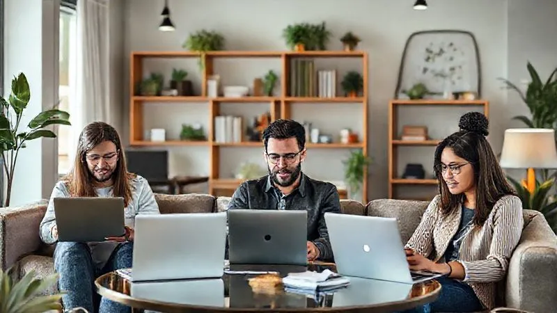 A photorealistic image of a diverse group of professionals working remotely from various comfortable, modern settings (home office, co-working space, cafe), all looking focused and engaged, with a sense of work-life balance. Professional photography, 8K, cinematic lighting, sharp focus on individuals, depth of field, shot on a high-end DSLR.