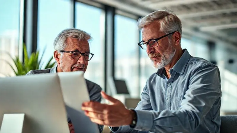A photorealistic image of an experienced mentor (older, wise-looking professional) actively guiding and engaging with a younger mentee in a sunlit, modern office. They are looking at a shared screen, discussing ideas with genuine connection. Professional photography, 8K, cinematic lighting, sharp focus, depth of field, shot on a high-end DSLR.