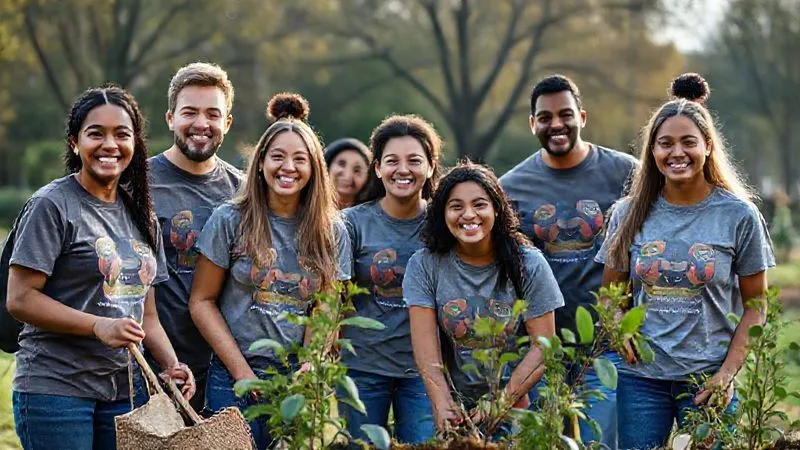 A photorealistic image of a diverse team of employees enthusiastically participating in a local community volunteer event, like planting trees or cleaning a park. They are smiling, wearing company-branded but subtle t-shirts, showing teamwork and purpose. Professional photography, 8K, cinematic lighting, sharp focus, depth of field, shot on a high-end DSLR.