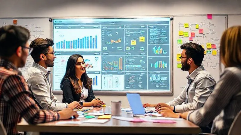 A photorealistic image of a diverse HR team collaboratively analyzing data on a large digital dashboard, surrounded by whiteboards with strategic plans and colorful sticky notes. They are engaged in a brainstorming session, focused on identifying key employee needs. Professional photography, 8K, cinematic lighting, sharp focus on the dashboard, depth of field, shot on a high-end DSLR.