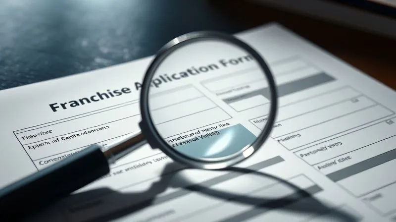 A photorealistic image of a magnifying glass hovering over a detailed franchise application form, highlighting sections on financial history and personal values. Professional photography, 8K, cinematic lighting, sharp focus on the form, depth of field blurring the background. A photorealistic image of a magnifying glass hovering over a detailed franchise application form, highlighting sections on financial history and personal values. Professional photography, 8K, cinematic lighting, sharp focus on the form, depth of field blurring the background.