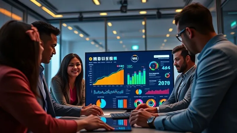 A photorealistic image of diverse business professionals collaborating around a digital dashboard displaying various metrics, glowing with data. Professional photography, 8K, cinematic lighting, sharp focus on the screen, depth of field blurring the background. A photorealistic image of diverse business professionals collaborating around a digital dashboard displaying various metrics, glowing with data. Professional photography, 8K, cinematic lighting, sharp focus on the screen, depth of field blurring the background.