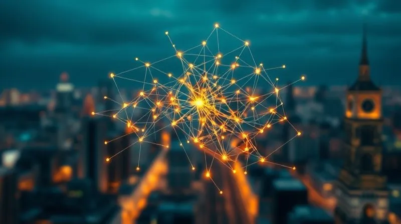 A photorealistic image of a complex, glowing neural network diagram overlaid on a blurred cityscape, symbolizing AI's pervasive influence and disruptive power, with some connections breaking and reforming. Professional photography, 8K, cinematic lighting, sharp focus on the neural network, depth of field blurring the background, shot on a high-end DSLR.