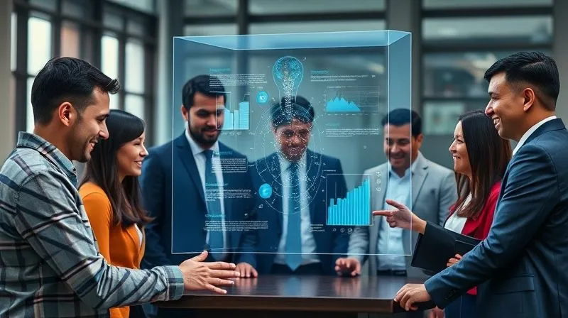 A photorealistic image of a diverse team of professionals collaborating around a holographic display showing complex data visualizations and human-like insights, symbolizing human-AI synergy and innovation. Professional photography, 8K, cinematic lighting, sharp focus on the team and display, depth of field blurring the background, shot on a high-end DSLR. A photorealistic image of a diverse team of professionals collaborating around a holographic display showing complex data visualizations and human-like insights, symbolizing human-AI synergy and innovation. Professional photography, 8K, cinematic lighting, sharp focus on the team and display, depth of field blurring the background, shot on a high-end DSLR.