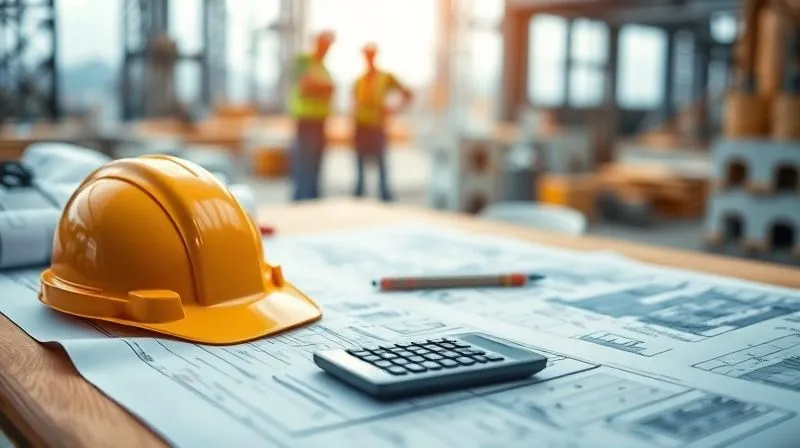 A photorealistic image of a construction site with blueprints spread out on a table, a hard hat, and a calculator, with blurred construction workers in the background. Cinematic lighting, sharp focus on the table, depth of field, 8K hyper-detailed, professional photography, shot on a high-end DSLR.