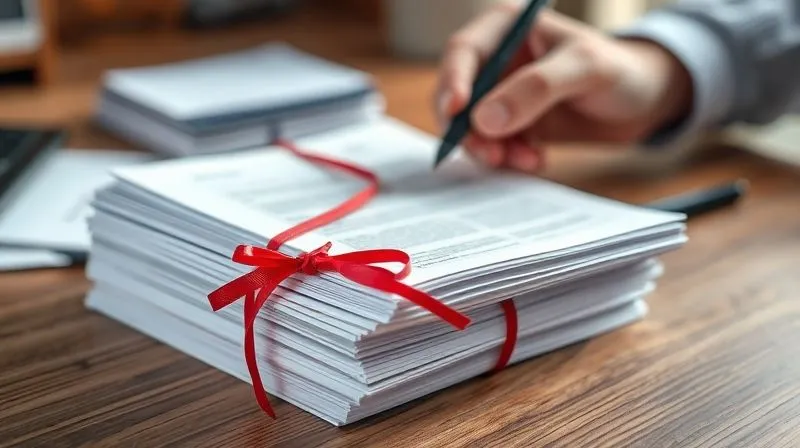 A photorealistic image of a stack of official-looking documents and permits, tied with a red ribbon, on a wooden desk. A blurred hand is reaching for a pen in the background. Cinematic lighting, sharp focus on the documents, depth of field, 8K hyper-detailed, professional photography, shot on a high-end DSLR.