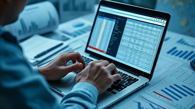 A photorealistic image of a person meticulously analyzing a complex spreadsheet on a laptop, surrounded by financial documents and graphs. Cinematic lighting, sharp focus on the laptop screen, depth of field, 8K hyper-detailed, professional photography, shot on a high-end DSLR.
