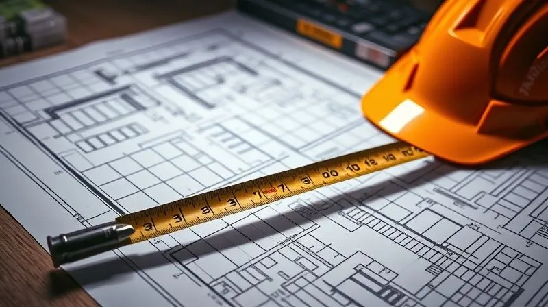 A photorealistic close-up of a detailed architectural blueprint for a commercial space, with various construction tools like a hard hat and tape measure laid on top, illuminated by a focused spotlight. Professional photography, 8K, cinematic lighting, sharp focus on the blueprint details, depth of field blurring the background, shot on a high-end DSLR, conveying the complexity of construction planning.