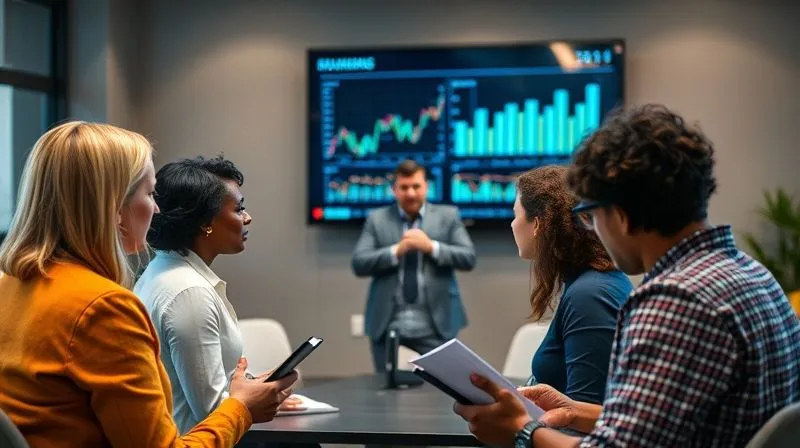 A photorealistic image of a diverse group of new business owners engaged in a professional training session, looking attentive and taking notes. A mentor-like figure is presenting on a screen behind them, which displays financial charts. Professional photography, 8K, cinematic lighting, sharp focus on the group and presenter, depth of field blurring the background, shot on a high-end DSLR, conveying learning and mentorship.