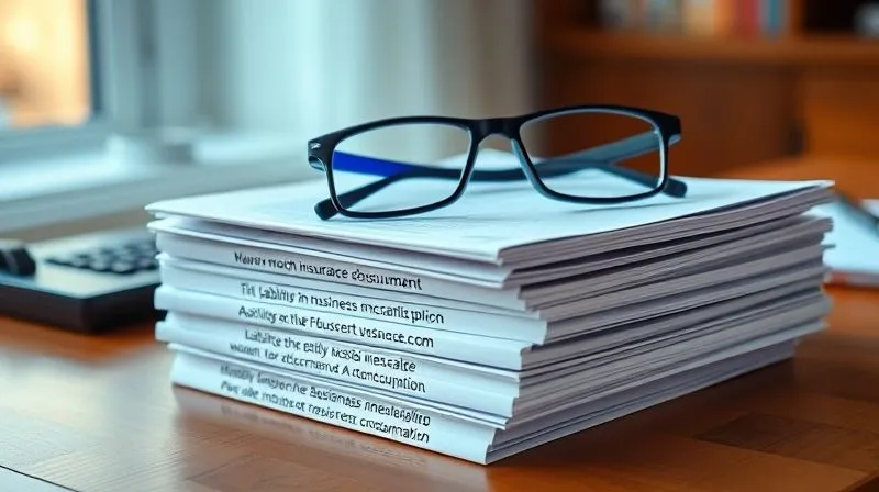 A photorealistic stack of various business insurance documents, including policies for liability, property, and business interruption, neatly organized on a wooden desk. A pair of reading glasses rests on top. Professional photography, 8K, cinematic lighting, sharp focus on the documents, depth of field blurring the background, shot on a high-end DSLR, conveying the importance of comprehensive coverage.