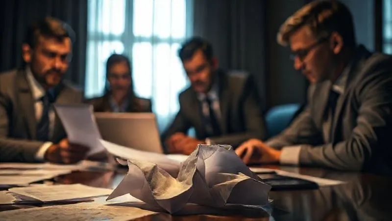 A photorealistic image of a legal team in a dimly lit conference room, looking at scattered documents and a laptop screen, expressions of intense concentration and concern. A single crumpled legal brief is prominent in the foreground. Cinematic lighting, sharp focus on the documents, depth of field blurring the background. 8K hyper-detailed, professional photography.