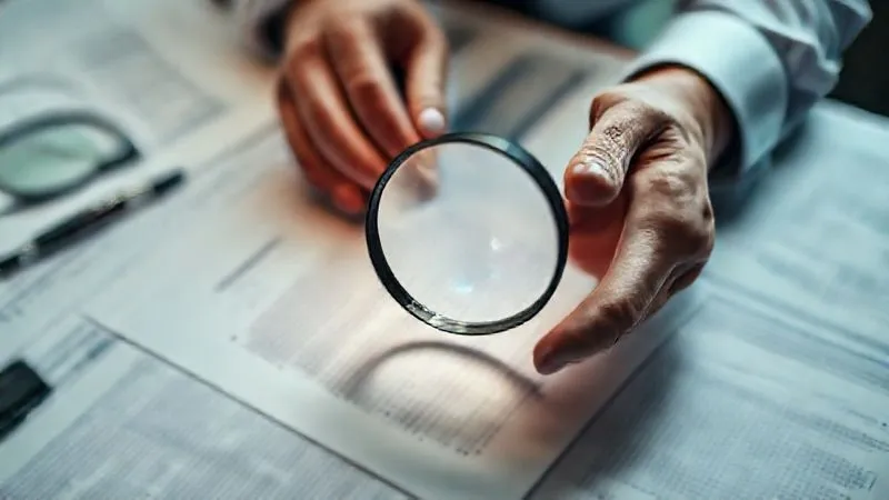 photorealistic, professional photography, 8K, cinematic lighting, sharp focus, depth of field, shot on a high-end DSLR, a person's hands delicately holding a magnifying glass over a blurred legal document, surrounded by other documents, conveying thorough investigation and analysis.