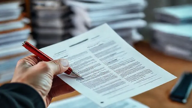 photorealistic, professional photography, 8K, cinematic lighting, sharp focus, depth of field, shot on a high-end DSLR, a hand holding a red pen marking inconsistencies on two different versions of a legal document, with blurred stacks of files in the background, conveying detailed scrutiny.