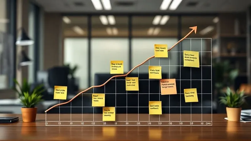 A photorealistic image of a growth chart with an upward trend line, overlaid with small sticky notes representing regular check-ins and adjustments. Professional office background, sharp focus, 8K, cinematic lighting. A photorealistic image of a growth chart with an upward trend line, overlaid with small sticky notes representing regular check-ins and adjustments. Professional office background, sharp focus, 8K, cinematic lighting.