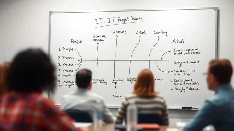 A photorealistic image of a whiteboard with a neatly drawn Ishikawa (Fishbone) diagram, illustrating a complex IT project failure with branches for People, Process, Technology, Data, and Environment, cinematic lighting, sharp focus on the diagram, depth of field blurring a brainstorming session in the background, 8K hyper-detailed, professional photography.