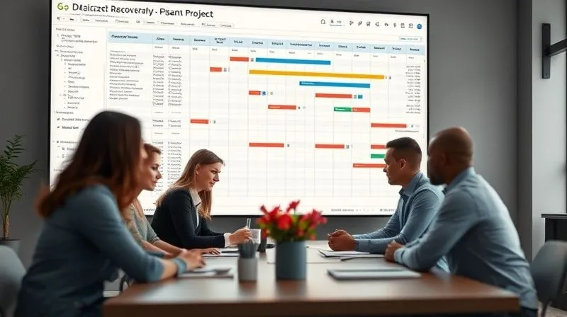 A photorealistic image of a detailed project recovery plan laid out on a large screen, showing Gantt charts, task lists, and resource allocations, with a team of diverse professionals collaborating around a table in the foreground, cinematic lighting, sharp focus on the screen, depth of field blurring the team, 8K hyper-detailed, professional photography.