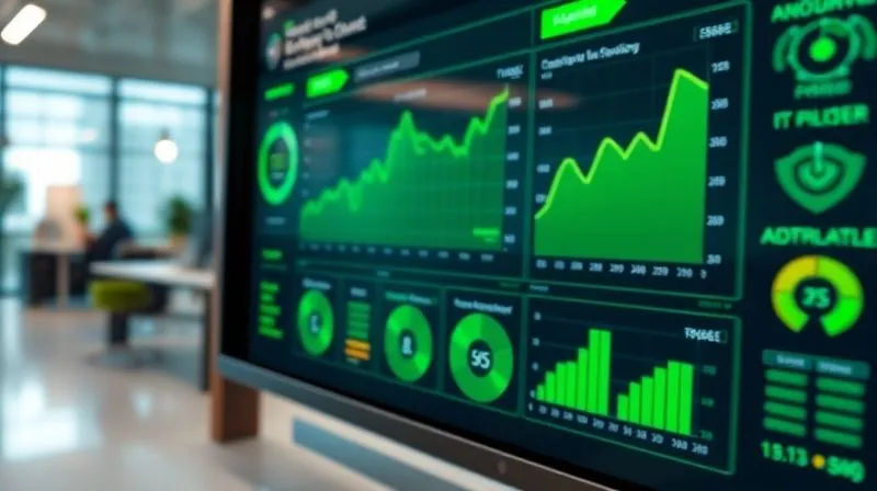A photorealistic image of a vibrant digital dashboard displaying key performance indicators (KPIs) for IT solution adoption and performance, with green upward-trending graphs and positive metrics, cinematic lighting, sharp focus on the dashboard, depth of field blurring a modern office background, 8K hyper-detailed, professional photography.