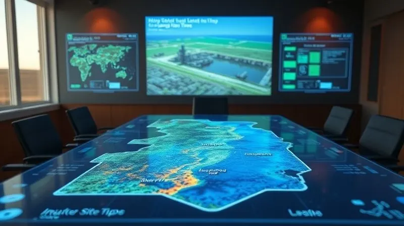 A photorealistic image of a complex holographic map projecting over a boardroom table, showing an industrial site with various data overlays: historical land use, groundwater flow, and regulatory zones, professional photography, 8K, cinematic lighting, sharp focus on the holographic projection, depth of field blurring the faces, shot on a high-end DSLR.