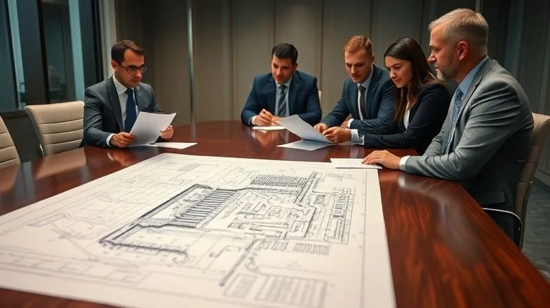 A photorealistic image of a legal team intently discussing documents around a large boardroom table, with a detailed, architectural blueprint of an industrial site laid out in the foreground, highlighting areas of concern. Professional photography, 8K, cinematic lighting, sharp focus on the blueprint and documents, depth of field blurring the background, shot on a high-end DSLR.