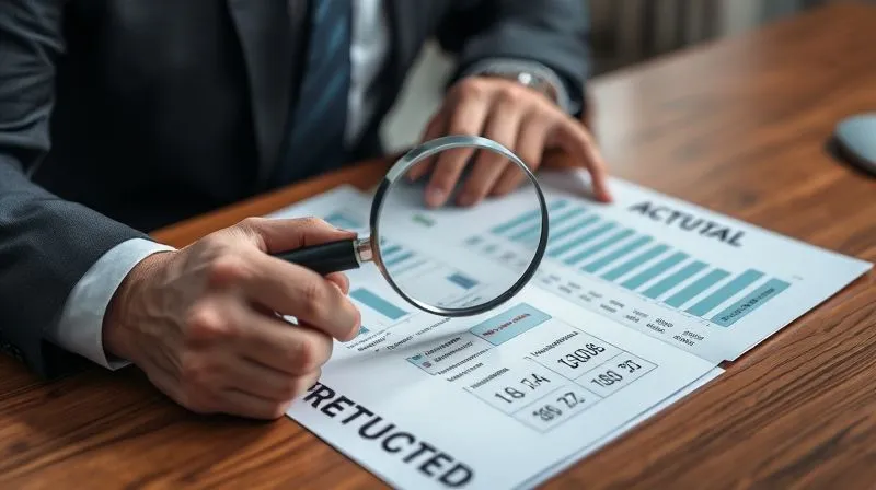 A photorealistic image of a business person meticulously comparing two financial reports side-by-side on a desk, one labeled 'Projected' and the other 'Actual', with a magnifying glass hovering over discrepancies. The scene is well-lit, professional photography, 8K, sharp focus on the documents, depth of field blurring the background.