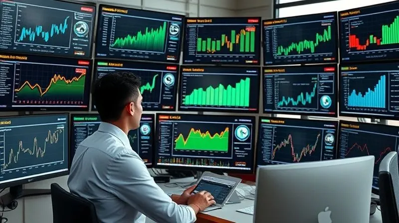 A photorealistic image of a financial analyst in a modern office, surrounded by multiple computer screens displaying various financial graphs and data dashboards, each representing a different business scenario (best, worst, most likely). The lighting is professional, 8K, sharp focus on the analyst and screens, with a sense of strategic thinking.