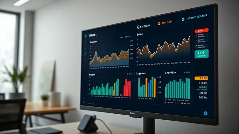 A photorealistic image of a sleek, modern digital dashboard on a large monitor, displaying real-time business KPIs with clear, color-coded graphs and numbers. The data shows trends for sales, expenses, and cash flow, with some alerts for deviations. Professional photography, 8K, cinematic lighting, sharp focus on the screen, depth of field blurring a minimalist office background.