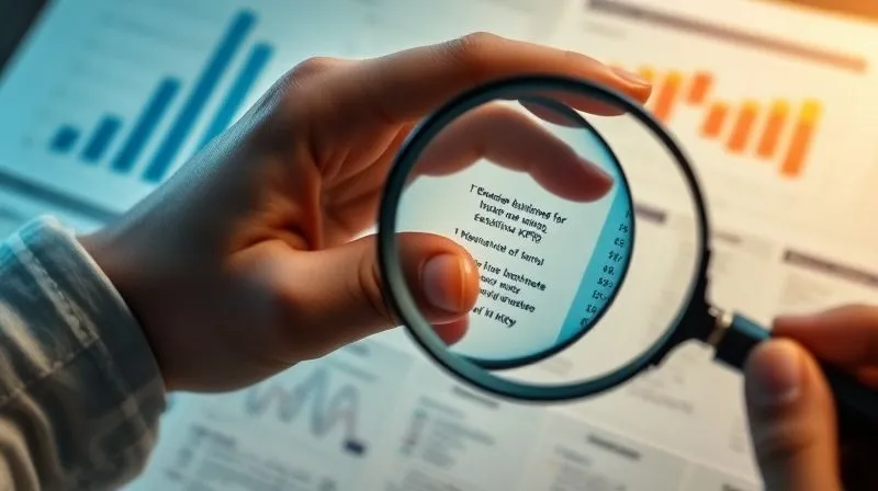 photorealistic, professional photography, 8K, cinematic lighting, sharp focus, depth of field, shot on a high-end DSLR. A hand holding a magnifying glass over a detailed business plan with specific, highlighted action items and measurable KPIs, reflecting clarity and precision in strategy.