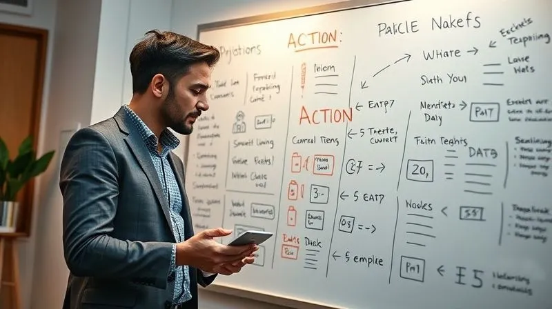 photorealistic, professional photography, 8K, cinematic lighting, sharp focus, depth of field, shot on a high-end DSLR. Two professionals, a younger entrepreneur and an older mentor, engaged in an intense, focused discussion around a whiteboard filled with specific action items, arrows, and data points, showing clear communication and collaboration. The atmosphere is productive and illuminated by soft, encouraging light.
