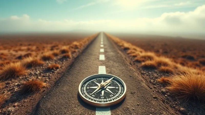 photorealistic, professional photography, 8K, cinematic lighting, sharp focus, depth of field, shot on a high-end DSLR. A single, clear path diverging into two distinct directions, one leading to a bright, open horizon and the other fading into mist. A compass is prominently displayed in the foreground, indicating a clear decision point, symbolizing a strategic choice in mentorship direction.