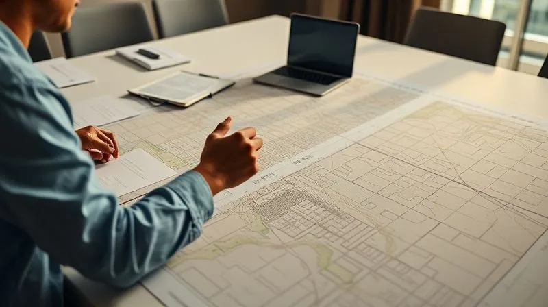 photorealistic, professional photography, 8K, cinematic lighting, sharp focus, depth of field, shot on a high-end DSLR, a person meticulously reviewing a large, detailed zoning map spread across a conference table, with official documents and a laptop open, representing thorough due diligence, late afternoon light.