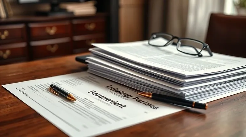 photorealistic, professional photography, 8K, cinematic lighting, sharp focus, depth of field, shot on a high-end DSLR, a stack of complex legal documents and permits on a polished wooden desk, with a pen and reading glasses, suggesting the intricate process of applying for a zoning variance or rezoning, soft ambient light.