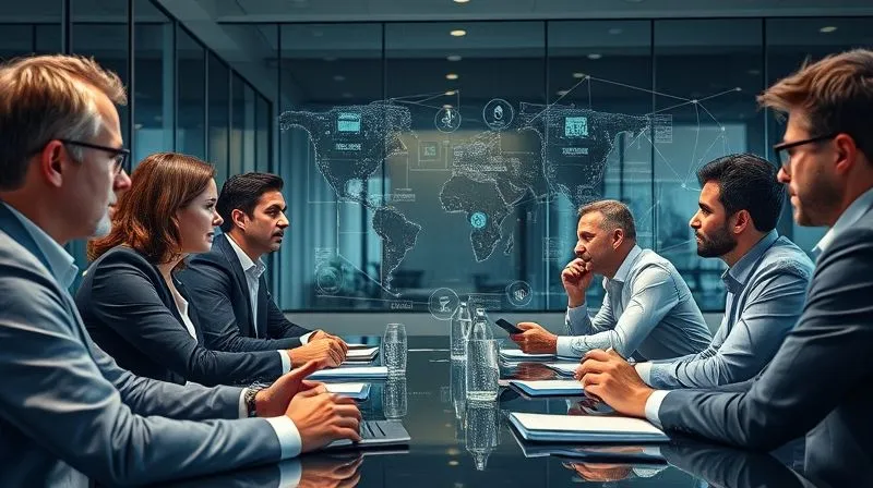 A photorealistic image of a diverse group of executives in a modern, glass-walled boardroom, intensely brainstorming with holographic projections of complex future scenarios around them, illustrating strategic foresight. Cinematic lighting, sharp focus on their engaged expressions, 8K, professional photography, shot on a high-end DSLR.