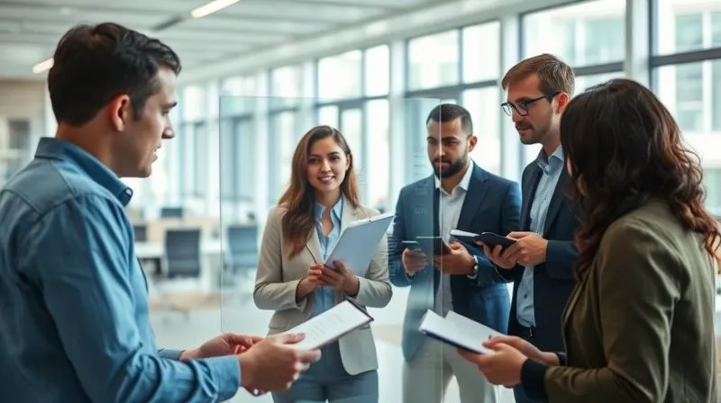 A photorealistic image of a diverse group of professionals in a modern, collaborative workspace, engaged in a learning session. One person is explaining a concept using a transparent digital whiteboard, while others are actively listening and taking notes, embodying continuous learning. The environment is bright and inspiring. Professional photography, 8K, cinematic lighting, sharp focus, depth of field, shot on a high-end DSLR.